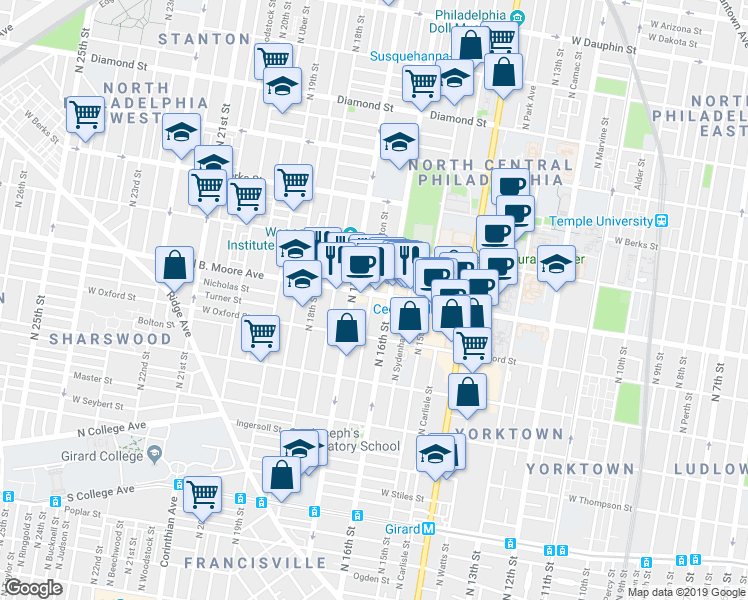 map of restaurants, bars, coffee shops, grocery stores, and more near in Philadelphia