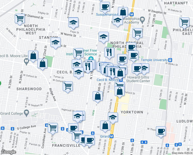 map of restaurants, bars, coffee shops, grocery stores, and more near in Philadelphia