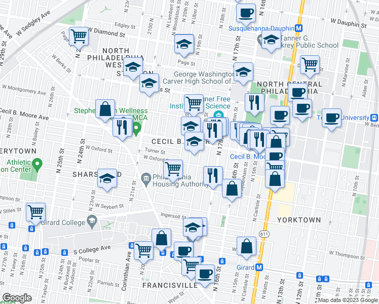 map of restaurants, bars, coffee shops, grocery stores, and more near 1820 Cecil B. Moore Avenue in Philadelphia
