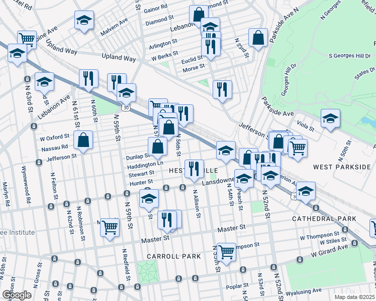 map of restaurants, bars, coffee shops, grocery stores, and more near 5550 West Oxford Street in Philadelphia