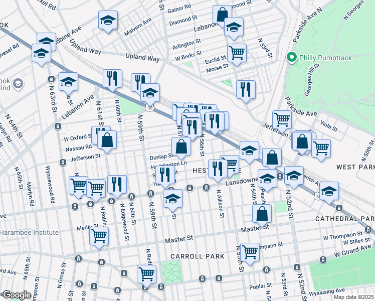 map of restaurants, bars, coffee shops, grocery stores, and more near 1731 North 57th Street in Philadelphia