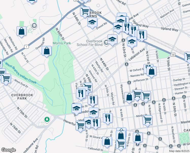 map of restaurants, bars, coffee shops, grocery stores, and more near 1200 North 65th Street in Philadelphia