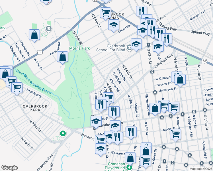 map of restaurants, bars, coffee shops, grocery stores, and more near 1004 North 66th Street in Philadelphia