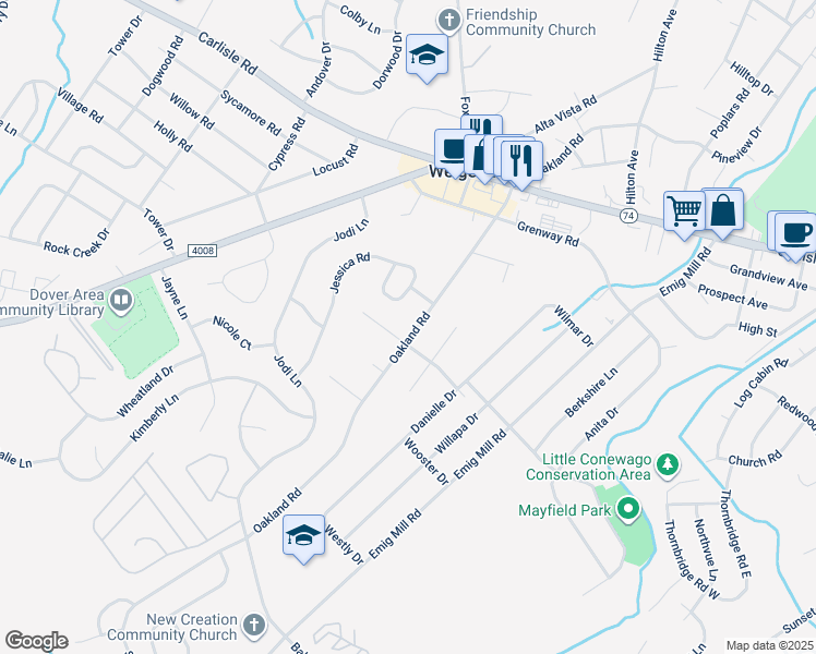 map of restaurants, bars, coffee shops, grocery stores, and more near 2594 Oakland Road in Dover