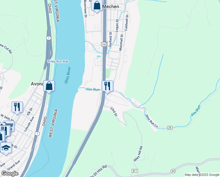 map of restaurants, bars, coffee shops, grocery stores, and more near U.S. 250 in McMechen