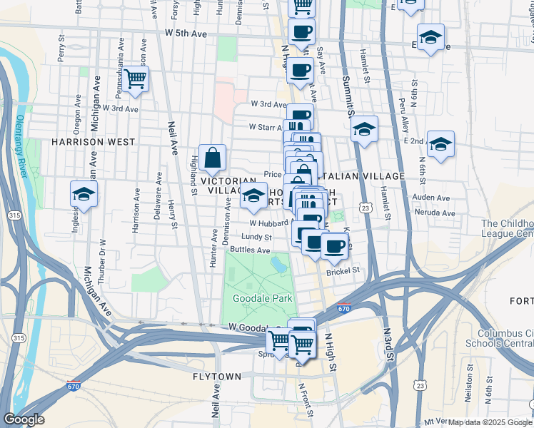 map of restaurants, bars, coffee shops, grocery stores, and more near 103 West Prescott Street in Columbus