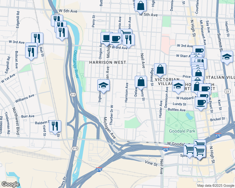 map of restaurants, bars, coffee shops, grocery stores, and more near 888 Thurber Drive West in Columbus