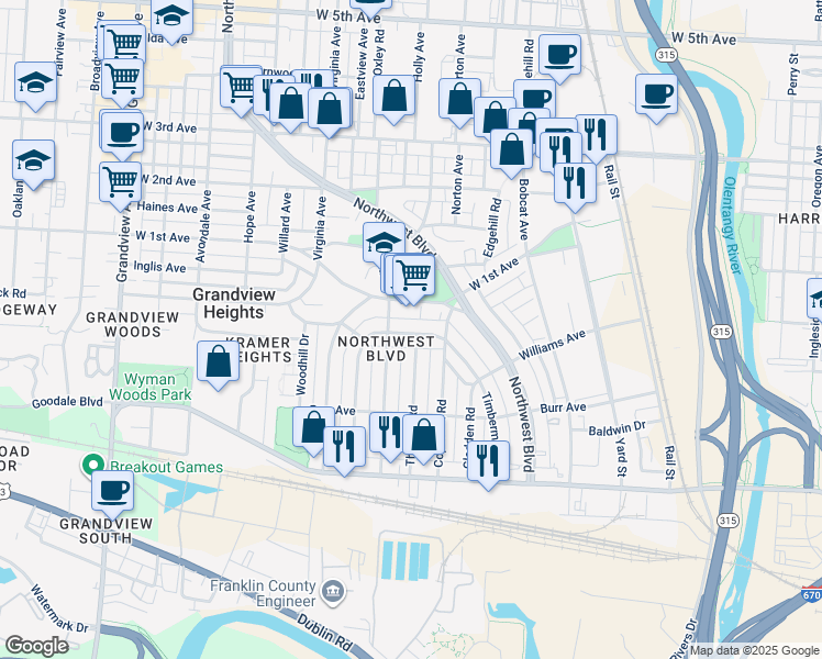 map of restaurants, bars, coffee shops, grocery stores, and more near 1097 West 1st Avenue in Grandview Heights