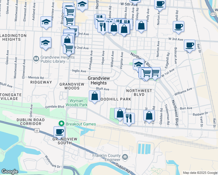 map of restaurants, bars, coffee shops, grocery stores, and more near 1279 Mulford Road in Columbus