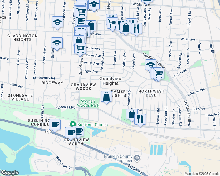 map of restaurants, bars, coffee shops, grocery stores, and more near 1371 Mulford Road in Columbus