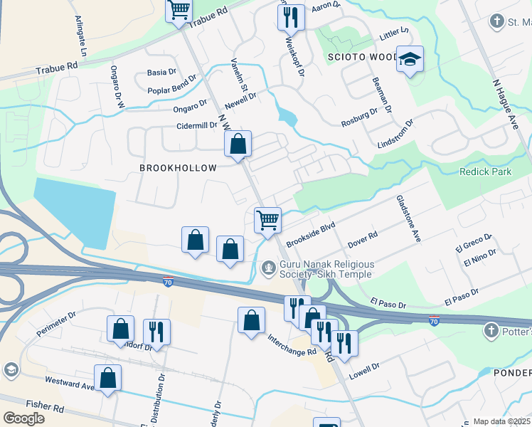 map of restaurants, bars, coffee shops, grocery stores, and more near North Wilson Road in Columbus