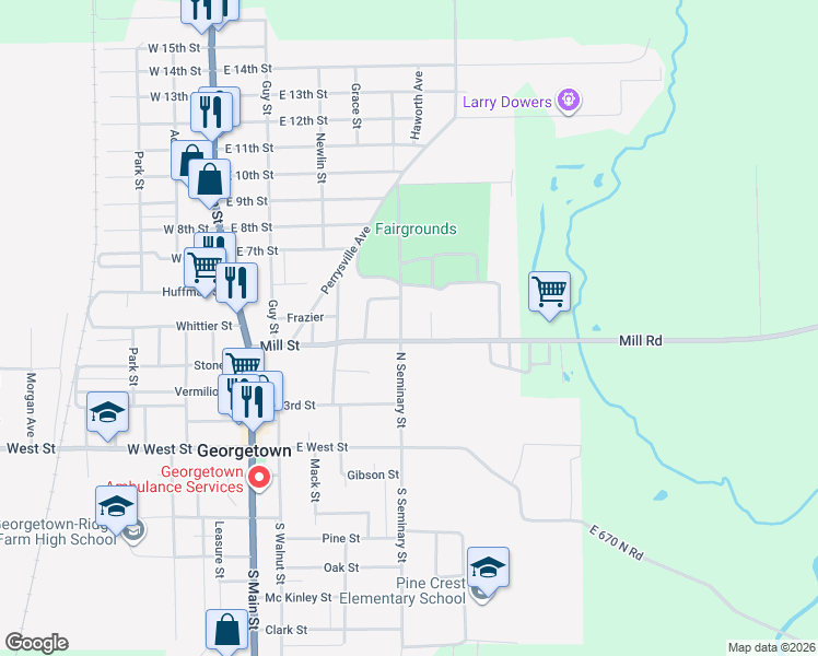 map of restaurants, bars, coffee shops, grocery stores, and more near 400-418 N Seminary St in Georgetown