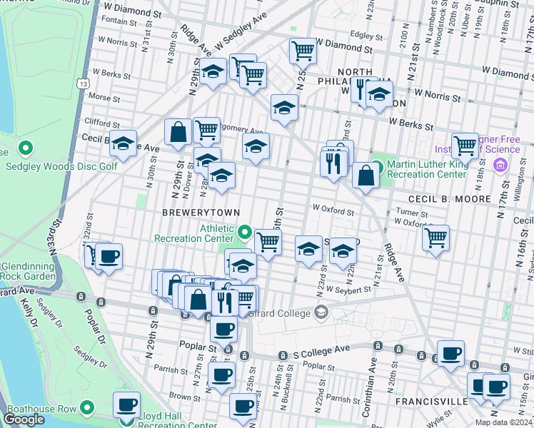 map of restaurants, bars, coffee shops, grocery stores, and more near 1521 North Stillman Street in Philadelphia