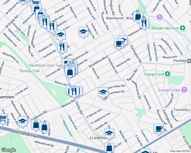 map of restaurants, bars, coffee shops, grocery stores, and more near 1106 Allston Road in Havertown