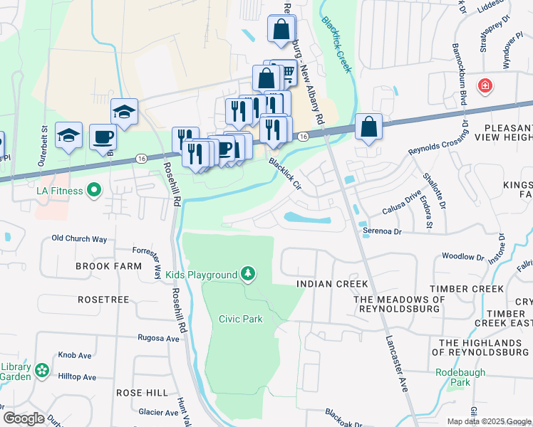 map of restaurants, bars, coffee shops, grocery stores, and more near 135 Reynoldsburg - New Albany Road in Reynoldsburg