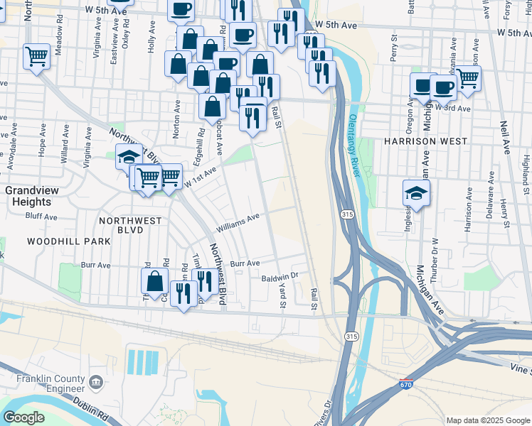 map of restaurants, bars, coffee shops, grocery stores, and more near Yard Street in Grandview Heights