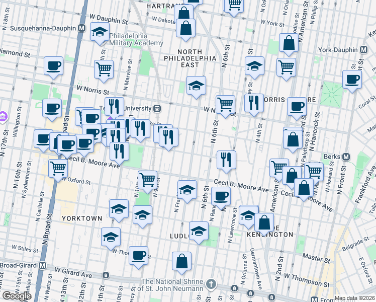 map of restaurants, bars, coffee shops, grocery stores, and more near 1809 North Franklin Street in Philadelphia