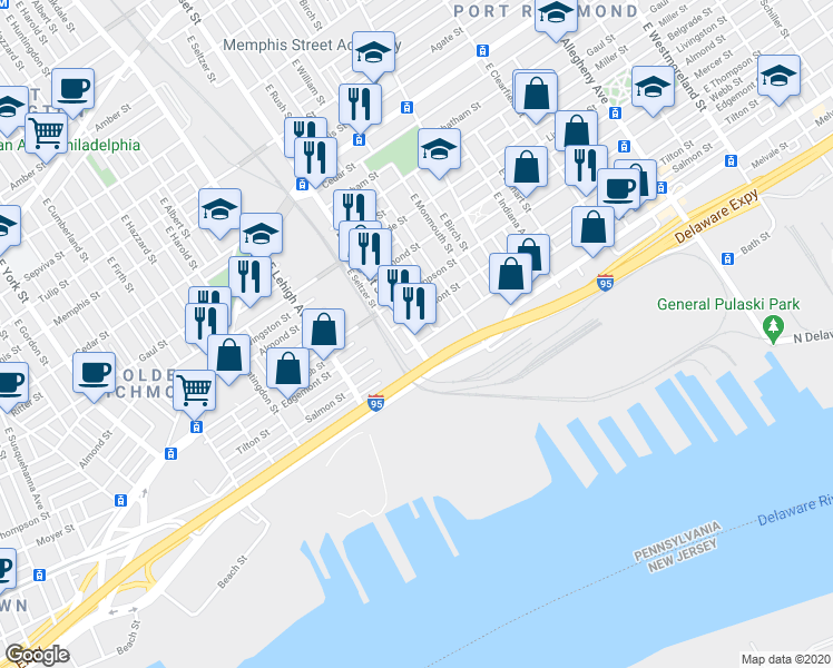 map of restaurants, bars, coffee shops, grocery stores, and more near 2713 East Somerset Street in Philadelphia