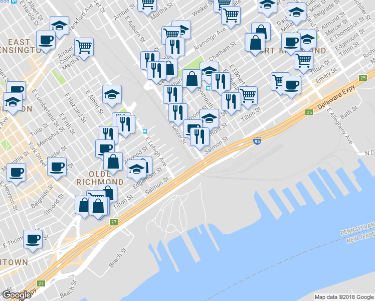 map of restaurants, bars, coffee shops, grocery stores, and more near 2707 East Seltzer Street in Philadelphia