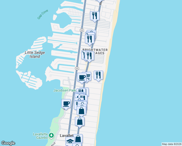 map of restaurants, bars, coffee shops, grocery stores, and more near 70 Oceanfront in Lavallette