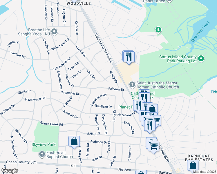 map of restaurants, bars, coffee shops, grocery stores, and more near 1114 Fairview Drive in Toms River
