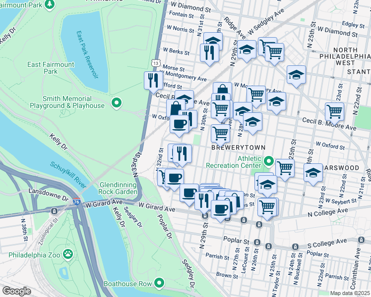 map of restaurants, bars, coffee shops, grocery stores, and more near 1439 North 31st Street in Philadelphia