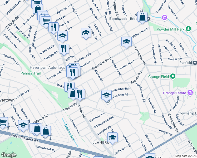 map of restaurants, bars, coffee shops, grocery stores, and more near 1106 Allston Road in Havertown