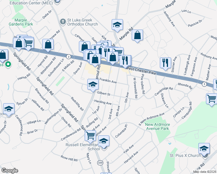 map of restaurants, bars, coffee shops, grocery stores, and more near 2532 Franklin Avenue in Broomall