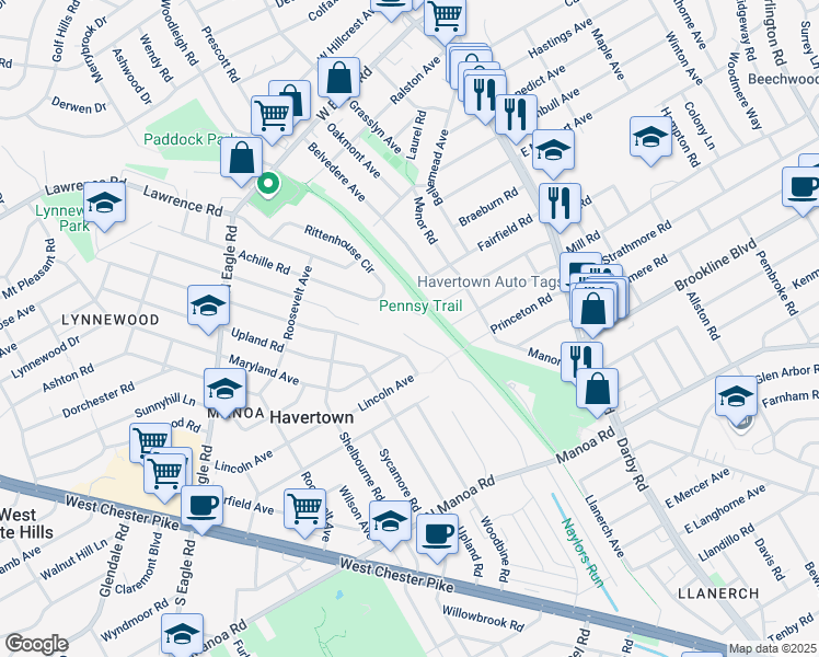 map of restaurants, bars, coffee shops, grocery stores, and more near 209 Harvard Road in Havertown