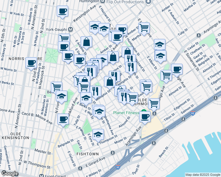 map of restaurants, bars, coffee shops, grocery stores, and more near 2320 Memphis Street in Philadelphia