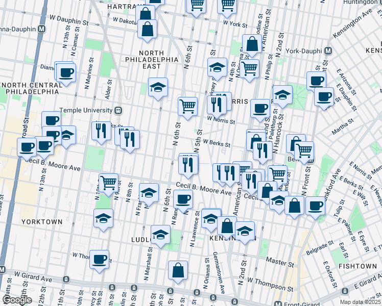 map of restaurants, bars, coffee shops, grocery stores, and more near 1820 Germantown Avenue in Philadelphia