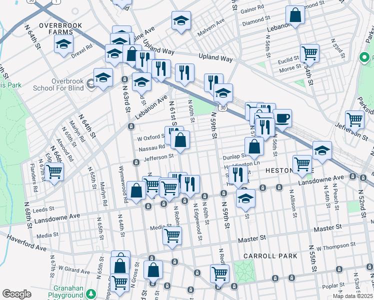 map of restaurants, bars, coffee shops, grocery stores, and more near 6016 Nassau Road in Philadelphia