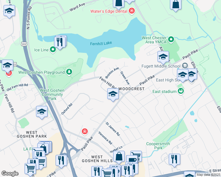 map of restaurants, bars, coffee shops, grocery stores, and more near 1103 Brinton Place Road in West Chester