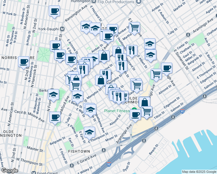 map of restaurants, bars, coffee shops, grocery stores, and more near 2337 East York Street in Philadelphia