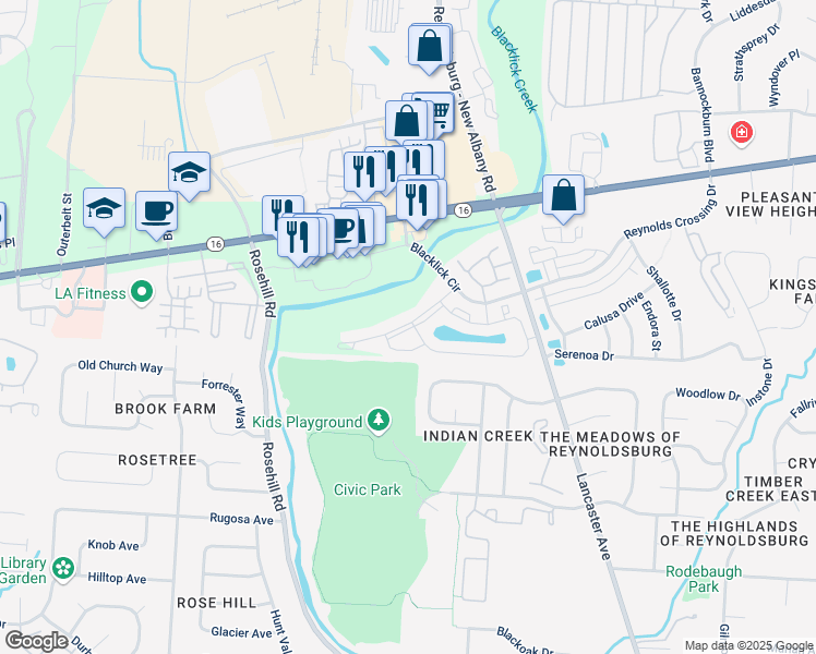 map of restaurants, bars, coffee shops, grocery stores, and more near 135 Reynoldsburg - New Albany Road in Reynoldsburg