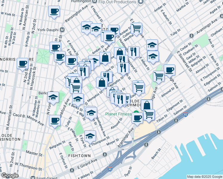 map of restaurants, bars, coffee shops, grocery stores, and more near 2334 East Boston Street in Philadelphia
