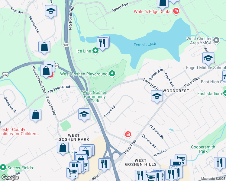 map of restaurants, bars, coffee shops, grocery stores, and more near 207 Afton Way in West Chester