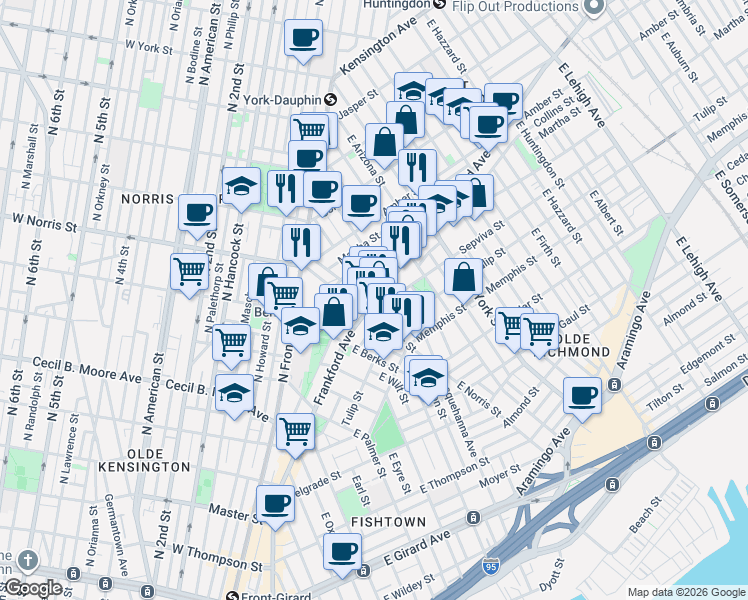 map of restaurants, bars, coffee shops, grocery stores, and more near 2028 Blair Street in Philadelphia