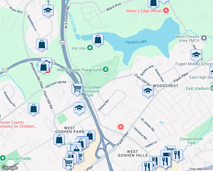 map of restaurants, bars, coffee shops, grocery stores, and more near 207 Afton Way in West Chester