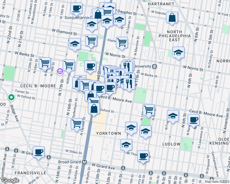 map of restaurants, bars, coffee shops, grocery stores, and more near 1755 North 13th Street in Philadelphia