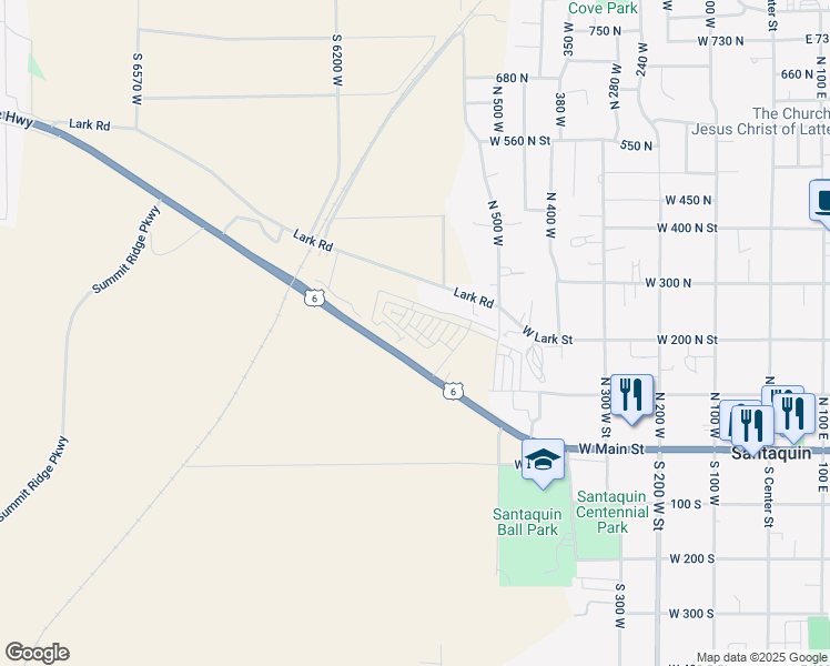 map of restaurants, bars, coffee shops, grocery stores, and more near 654 Frost Street in Santaquin