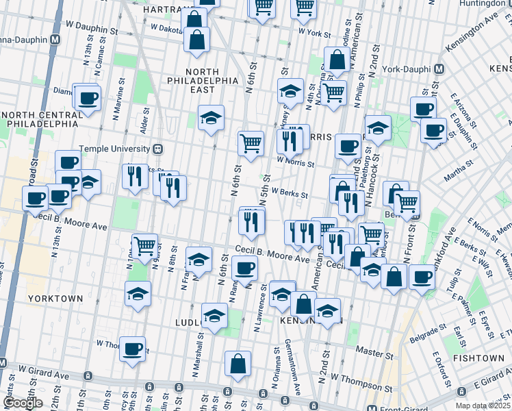 map of restaurants, bars, coffee shops, grocery stores, and more near 1820 Germantown Avenue in Philadelphia