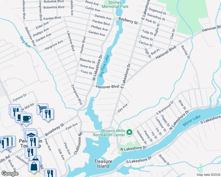 map of restaurants, bars, coffee shops, grocery stores, and more near 309 Hanover Boulevard in Browns Mills