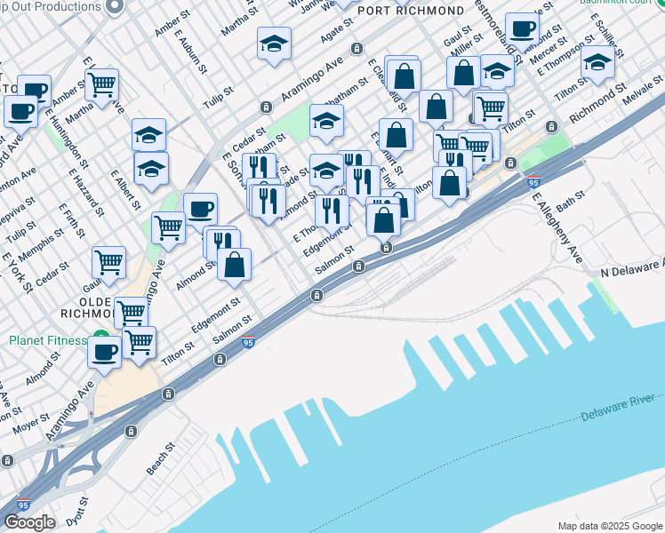 map of restaurants, bars, coffee shops, grocery stores, and more near 2837 Salmon Street in Philadelphia