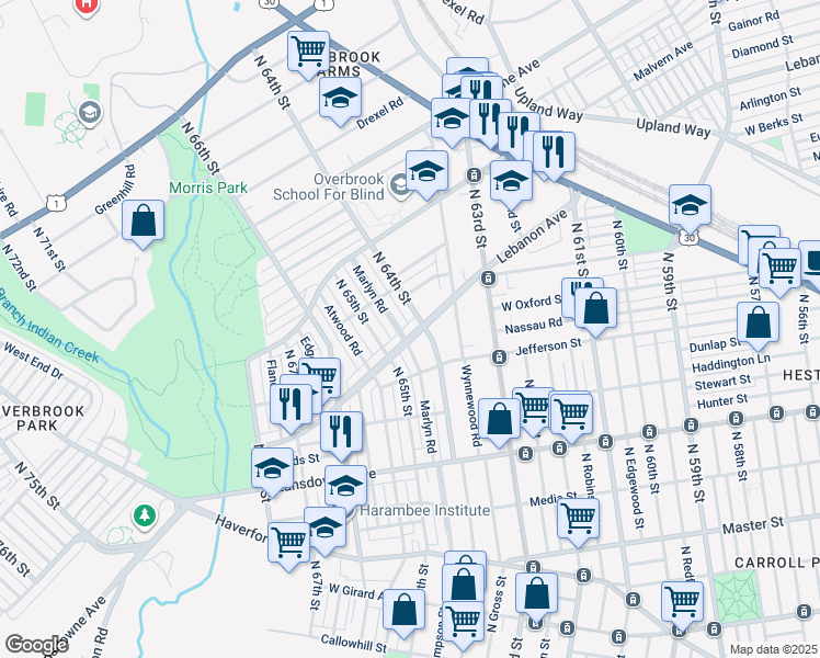map of restaurants, bars, coffee shops, grocery stores, and more near 6413 Lebanon Avenue in Philadelphia