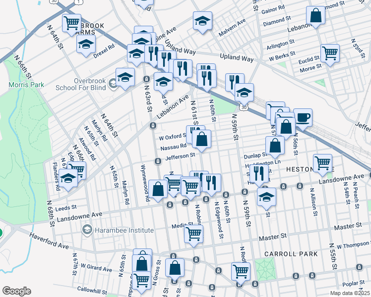 map of restaurants, bars, coffee shops, grocery stores, and more near 6126 Nassau Rd in Philadelphia