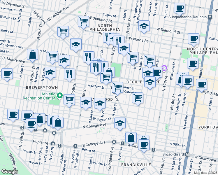 map of restaurants, bars, coffee shops, grocery stores, and more near 2127 West Oxford Street in Philadelphia