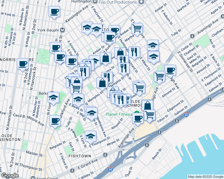 map of restaurants, bars, coffee shops, grocery stores, and more near 2334 East Boston Street in Philadelphia