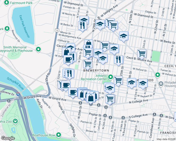 map of restaurants, bars, coffee shops, grocery stores, and more near 1519 North Hollywood Street in Philadelphia