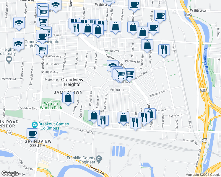 map of restaurants, bars, coffee shops, grocery stores, and more near 1150 Mulford Road in Grandview Heights